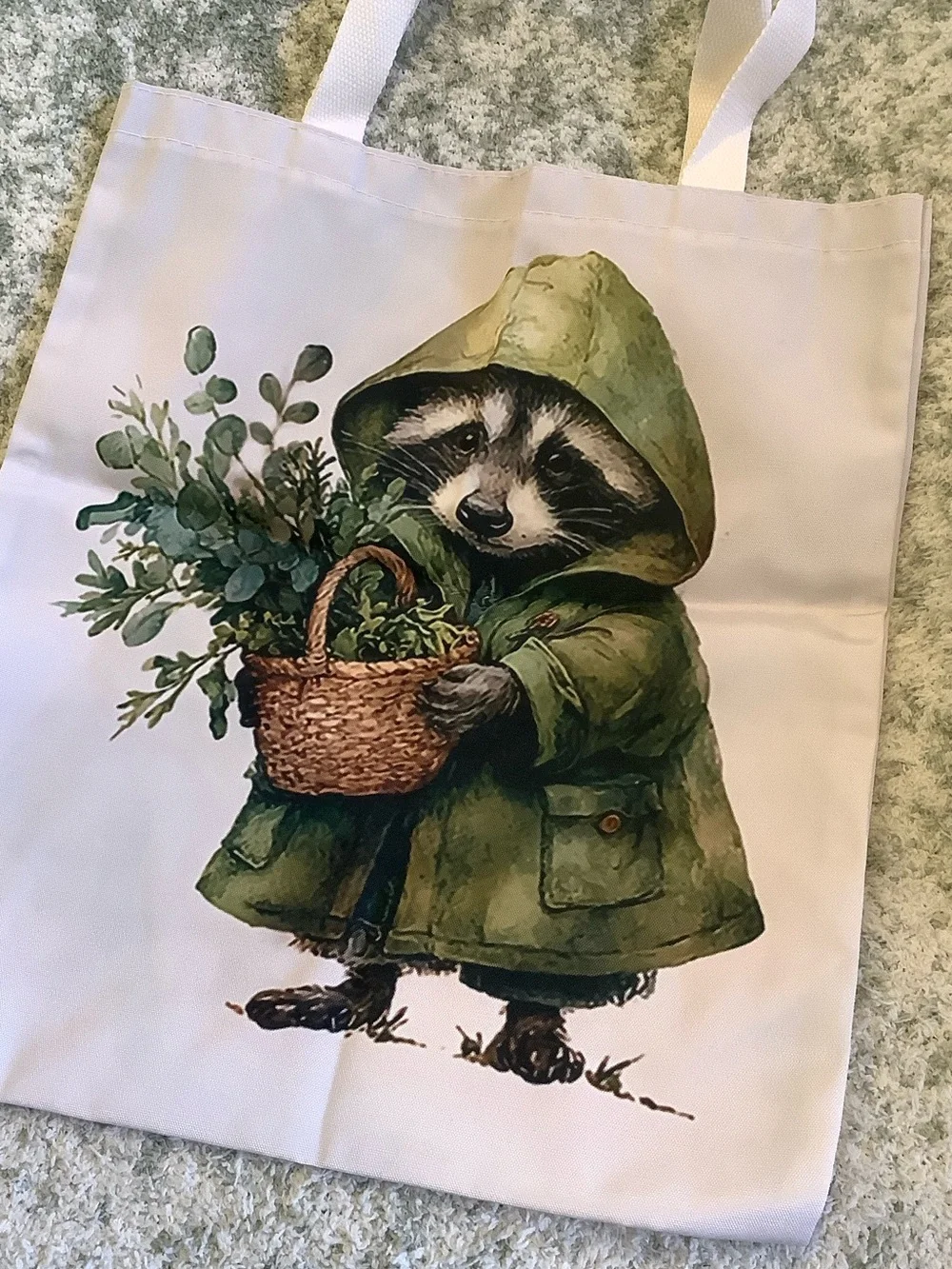 Foraging Raccoon Poly Canvas Tote Bag NWT 13.5x16”